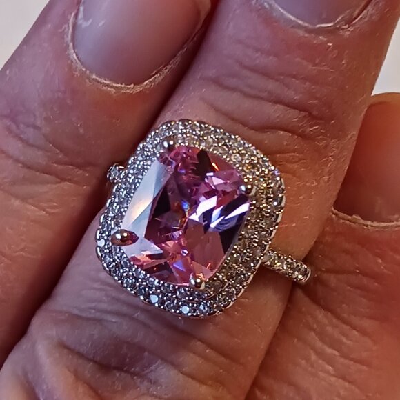 Silver Fashion Statement Halo Pink Tourmaline CZ Ring Size 8.5 NWOT - Picture 11 of 16